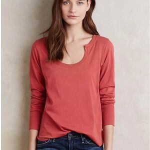 Little Yellow Button Cora Notch Neck Long Sleeve Tee Womens XS Coral Boho Hippie